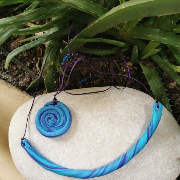 Κολιέ "μπλε-μωβ" από πολυμερικό πηλό /fimo necklace - πηλός, χειροποίητα - 2