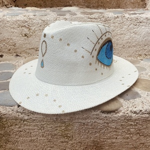 Ψάθινο καπέλο ζωγραφιστό- Sea blue eye - ζωγραφισμένα στο χέρι, απαραίτητα καλοκαιρινά αξεσουάρ, boho, αξεσουάρ παραλίας, ψάθινα - 2