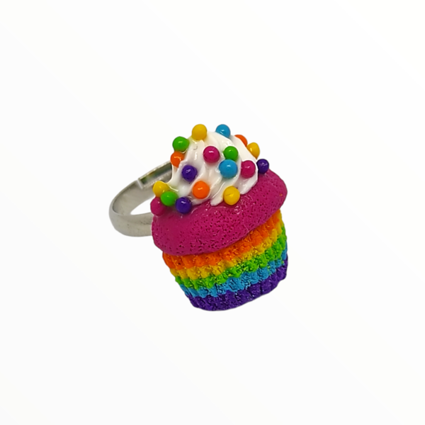Χειροποίητο Δαχτυλίδι cupcake Rainbow,κοσμήματα απομίμησης γλυκών, χειροποίητα κοσμήματα μινιατούρες πολυμερικού πηλού Mimitopia - πηλός, boho, γλυκά, αυξομειούμενα