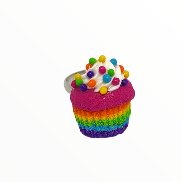 Χειροποίητο Δαχτυλίδι cupcake Rainbow,κοσμήματα απομίμησης γλυκών, χειροποίητα κοσμήματα μινιατούρες πολυμερικού πηλού Mimitopia - πηλός, boho, γλυκά, αυξομειούμενα - 2