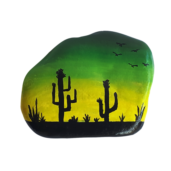 Διακοσμητική πέτρα θαλάσσης με τοπίο στην έρημο σε πράσινο-κίτρινο χρώμα - πέτρα, κάκτος, διακοσμητικές πέτρες