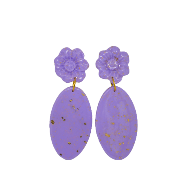 ''Lilac oval and flower''κρεμαστά σκουλαρίκια απο πηλό, με ατάλινο καρφί. - πηλός, ατσάλι, κρεμαστά, μεγάλα, φθηνά