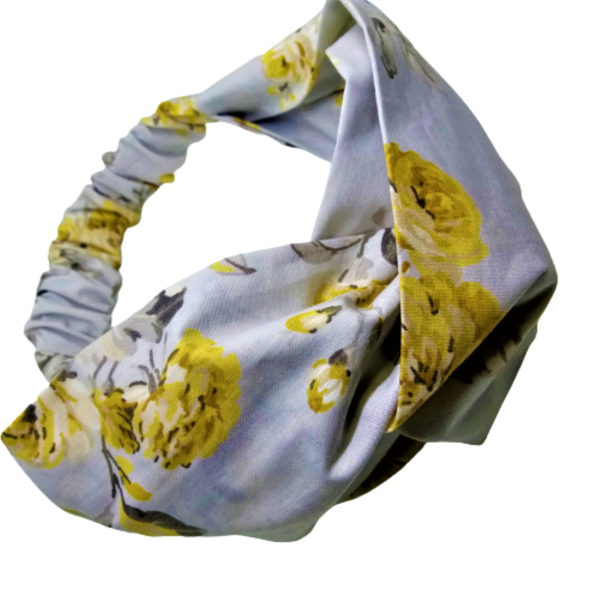 Κορδέλα Turban Style γκρι με κίτρινα μπουκέτα - ύφασμα, για τα μαλλιά, turban, δώρα για γυναίκες, κορδέλες μαλλιών - 4