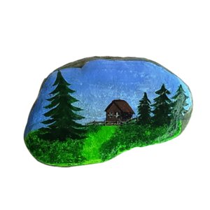 Διακοσμητική πέτρα θαλάσσης με τοπίο σπίτι σε δάσος - πέτρα, διακοσμητικές πέτρες