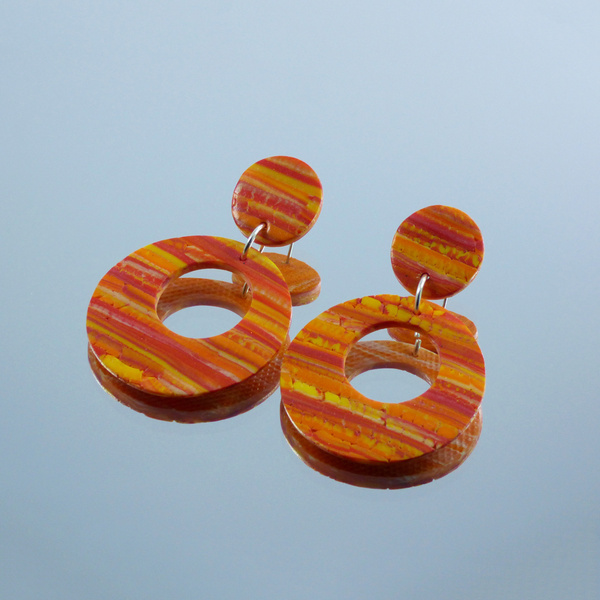 Πορτοκαλί οβάλ σκουλαρίκια απο πηλό 4*7 cm με ατσάλινα καρφάκια - πηλός, μακριά, κρεμαστά, μεγάλα - 2