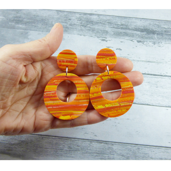 Πορτοκαλί οβάλ σκουλαρίκια απο πηλό 4*7 cm με ατσάλινα καρφάκια - πηλός, μακριά, κρεμαστά, μεγάλα - 3