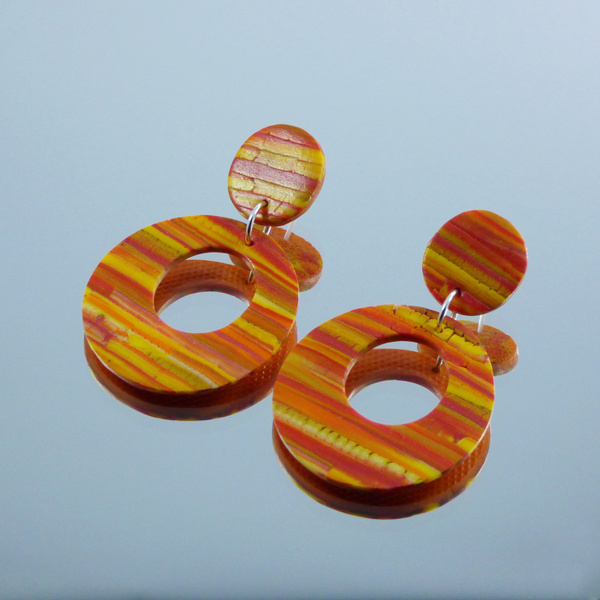 Πορτοκαλί σκουλαρίκια απο πηλό 4*7 cm με πλαστικά καρφάκια - πηλός, μακριά, κρεμαστά, μεγάλα - 2