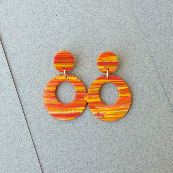 Πορτοκαλί σκουλαρίκια απο πηλό 4*7 cm με πλαστικά καρφάκια - πηλός, μακριά, κρεμαστά, μεγάλα - 4