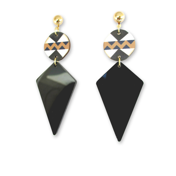 Μακριά σκουλαρίκια "Geometrical black diamond" 77mm - ξύλο, μακριά, plexi glass, boho, κρεμαστά