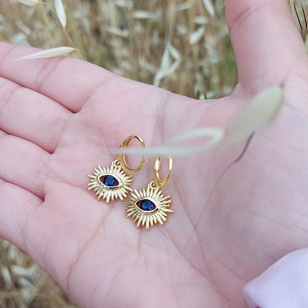 Σκουλαρίκια μάτι με μπλε ζιργκον - κρίκοι, μικρά, ατσάλι - 2