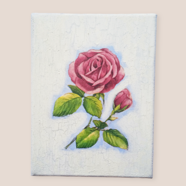 Πίνακάς ρομαντικός με τριαντάφυλλο ροζ σε καμβά 24*18 cm - πίνακες & κάδρα, ντεκουπάζ, τριαντάφυλλο, πίνακες ζωγραφικής