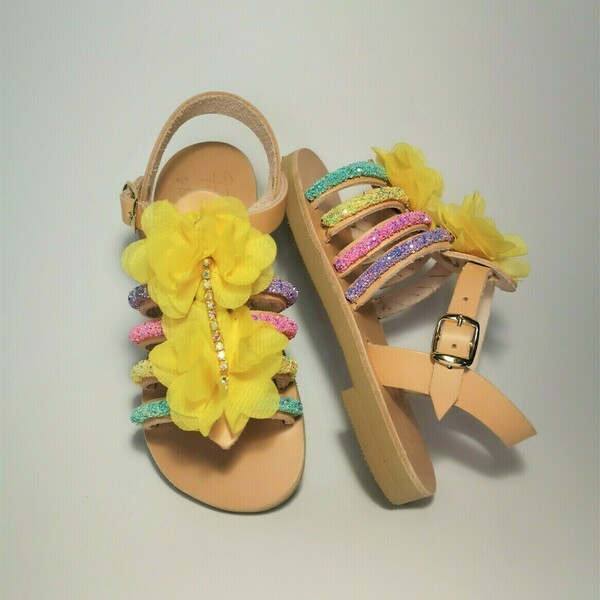 Σετ 2 Yellow Rainbow Sandals - Mother & Daughter set χειροποίητο δερμάτινο σανδάλι σε κίτρινο χρώμα - δέρμα, λουλούδια, boho, φλατ, ankle strap - 3