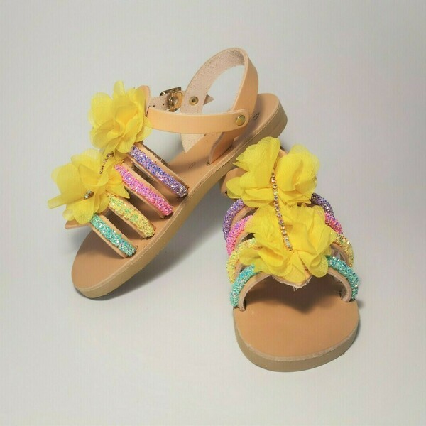 Σετ 2 Yellow Rainbow Sandals - Mother & Daughter set χειροποίητο δερμάτινο σανδάλι σε κίτρινο χρώμα - δέρμα, λουλούδια, boho, φλατ, ankle strap - 2