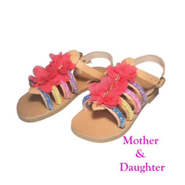 Σετ 2 Red Rainbow Sandals - Mother & Daughter set χειροποίητο δερμάτινο σανδάλι σε κόκκινο χρώμα - δέρμα, λουλούδια, boho, gladiator, φλατ