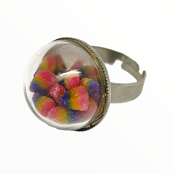 Χειροποίητο Δαχτυλίδι ζαχαρωτά πολύχρωμα σε γυάλινο θόλο,κοσμήματα απομίμησης γλυκών, χειροποίητα κοσμήματα μινιατούρες πολυμερικού πηλού Mimitopia - πηλός, γλυκά, μεγάλα, αυξομειούμενα - 2