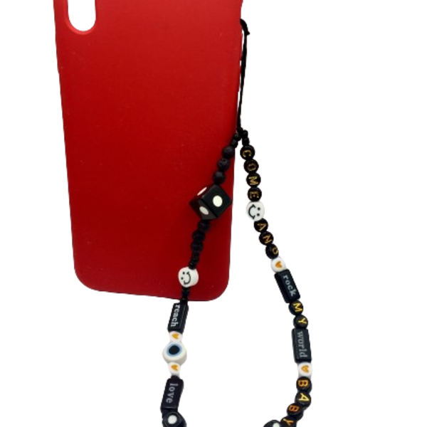 Phone strap - Λουράκι για το κινητό 'come and rock my world baby' διακοσμημένο με διάφορες χάντρες σε μαύρες αποχρώσεις - statement, charms - 4