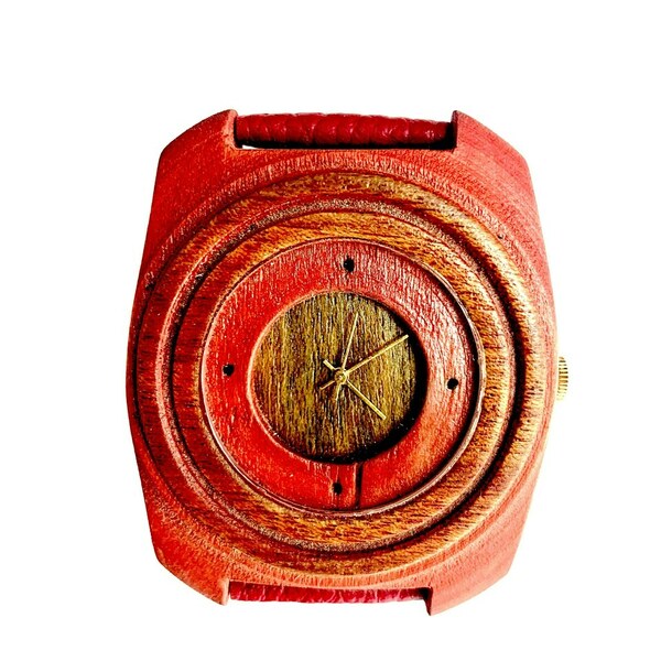 Ρολόι Unisex Κόκκινο - δέρμα, ξύλο