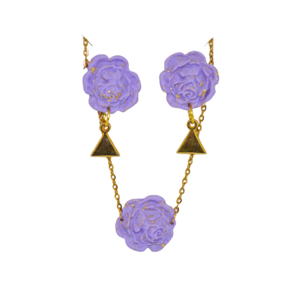 ''Lilac Roses'' σετ καρφωτά σκουλαρίκια και κολιέ με ατσάλινη αλυσίδα. - πηλός, ατσάλι, faux bijoux, σετ κοσμημάτων