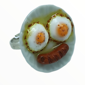 Χειροποίητο Δαχτυλίδι λουκάνικο με αυγά μάτια,κοσμήματα απομίμησης γλυκών, χειροποίητα κοσμήματα μινιατούρες πολυμερικού πηλού Mimitopia - πηλός, αυγό, boho, φαγητό, αυξομειούμενα - 3