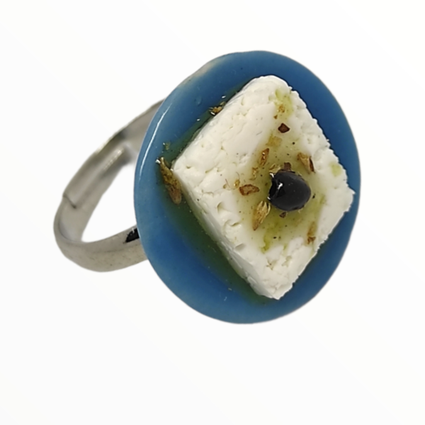 Χειροποίητο Δαχτυλίδι ελληνική φέτα,κοσμήματα απομίμησης γλυκών, χειροποίητα κοσμήματα μινιατούρες πολυμερικού πηλού Mimitopia - πηλός, boho, φαγητό, αυξομειούμενα - 5