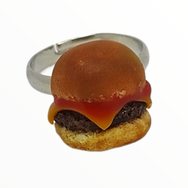 Χειροποίητο Δαχτυλίδι burger,κοσμήματα απομίμησης γλυκών, χειροποίητα κοσμήματα μινιατούρες πολυμερικού πηλού Mimitopia - πηλός, φαγητό, αυξομειούμενα