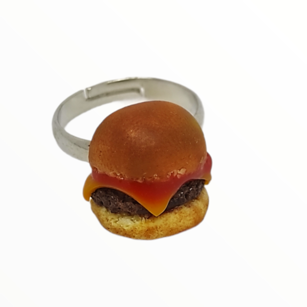 Χειροποίητο Δαχτυλίδι burger,κοσμήματα απομίμησης γλυκών, χειροποίητα κοσμήματα μινιατούρες πολυμερικού πηλού Mimitopia - πηλός, φαγητό, αυξομειούμενα - 3