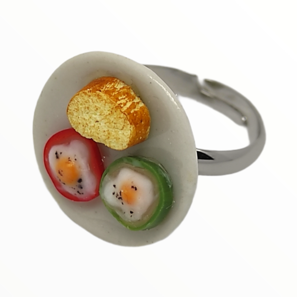 Χειροποίητο Δαχτυλίδι τηγανιτά αυγά με πιπεριές,κοσμήματα απομίμησης φρούτων, χειροποίητα κοσμήματα μινιατούρες πολυμερικού πηλού Mimitopia - πηλός, boho, φαγητό, αυξομειούμενα