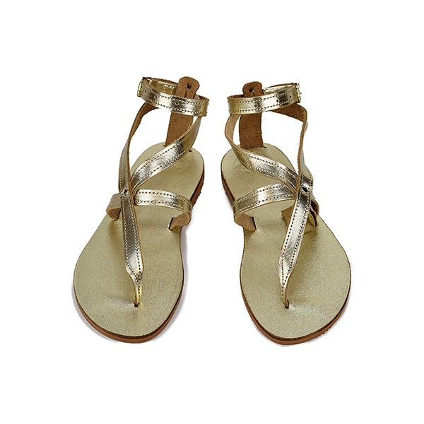 Χρυσά γυναικεία δερμάτινα σανδάλια διπλής φοράς γύρω από τον αστράγαλο - δέρμα, αρχαιοελληνικό, φλατ, ankle strap - 4