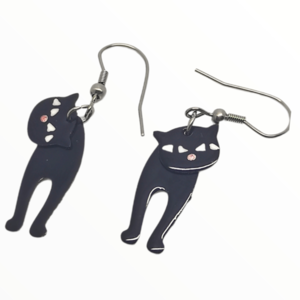 Σκουλαρίκια μαύρα γατάκια σε δύο μέρη βαμμένα με Σμάλτο, χειροποίητα κοσμήματα σμάλτου mimitopia - σμάλτος, ατσάλι, boho, κρεμαστά - 4
