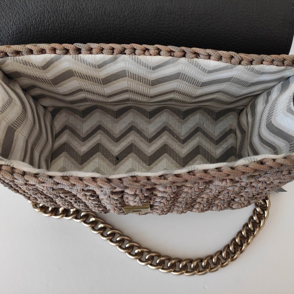 Χειροποίητη πλεκτή τσάντα με ecoleather και μεταλλική αλυσίδα 21cm x 26cm - clutch, all day, βραδινές, μεγάλες - 3