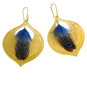 Σκουλαρίκια Filigree Feather μπλε φτερό 60mm - επιχρυσωμένα, ορείχαλκος, φτερό, boho, κρεμαστά