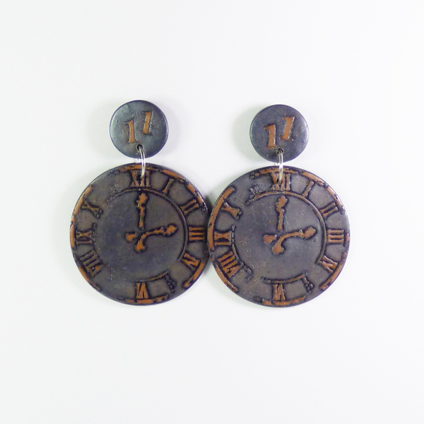 Μεγάλα στρογγυλα σκουλαρίκια με σχέδιο ρολόι 5*7 cm απο πηλό - πηλός, μακριά, κρεμαστά, μεγάλα