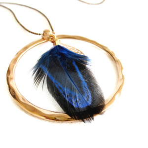 Κολιέ "Circle Feather" rose gold με μπλε φτερό πετεινού 90εκ. - επιχρυσωμένα, ορείχαλκος, φτερό, κύκλος, μακριά - 2
