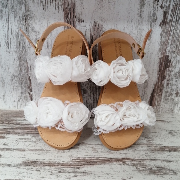 White roses - δέρμα, λουλούδια, νυφικά, φλατ, μαμά και κόρη, ankle strap