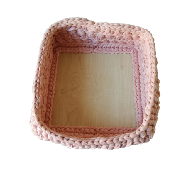 Πλεκτό καλάθι αποθήκευσης ροζ-nude παστέλ,ξύλινη βάση,τετράγωνο - κουτιά αποθήκευσης - 2