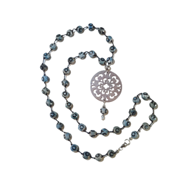Μακρύ κολιέ με αχάτη blue-black - ημιπολύτιμες πέτρες, ορείχαλκος, κοντά, ατσάλι, ροζάριο