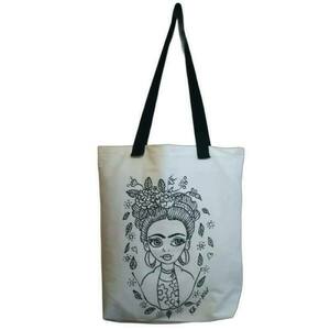 Τσάντα ζωγραφισμένη πανινη χειροποιητη, οικολογική tote bag, shopper ΦΡΙΝΤΟΥΛΑ ασπρόμαυρη Φρίντα - ύφασμα, πάνινες τσάντες