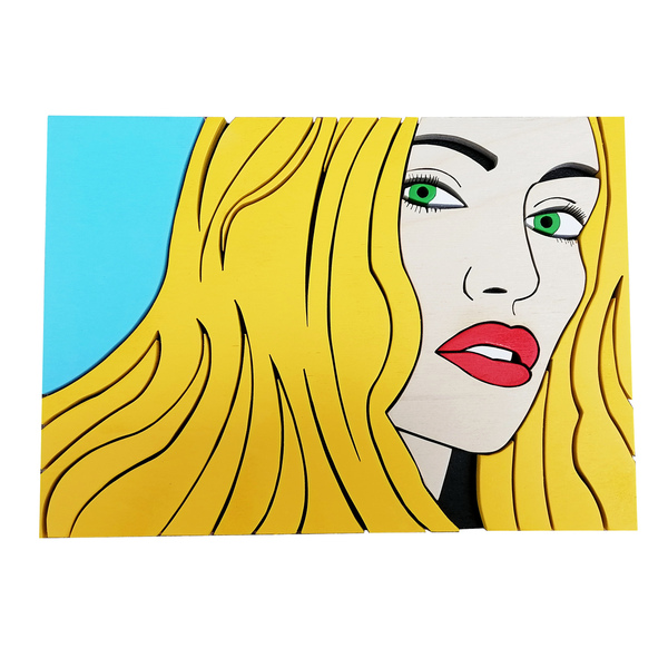 Χειροποίητο ξύλινο 3D pop art girl με ξανθά μαλλιά και πράσινα μάτια - πίνακες & κάδρα