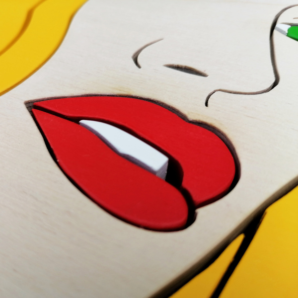 Χειροποίητο ξύλινο 3D pop art girl με ξανθά μαλλιά και πράσινα μάτια - πίνακες & κάδρα - 4