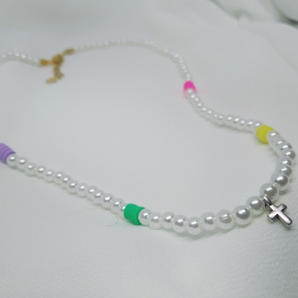 Summer pearl necklace - σταυρός, ατσάλι, boho, πέρλες