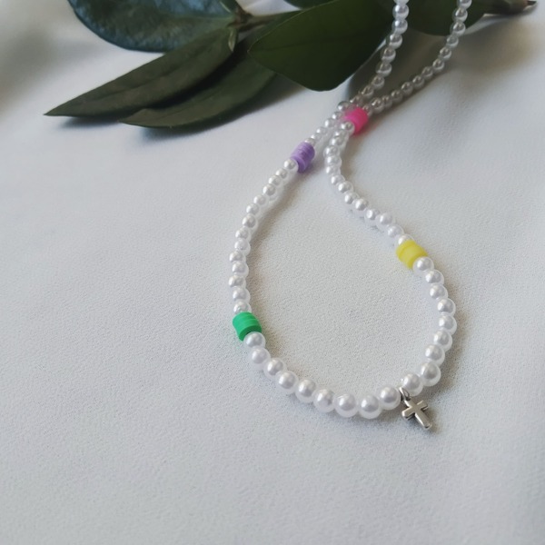 Summer pearl necklace - σταυρός, ατσάλι, boho, πέρλες - 2