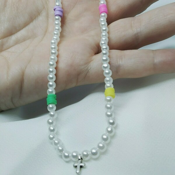 Summer pearl necklace - σταυρός, ατσάλι, boho, πέρλες - 4