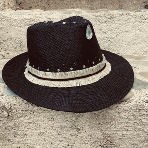 Ψάθινο καπέλο - Blacky boho look - απαραίτητα καλοκαιρινά αξεσουάρ, boho, αξεσουάρ παραλίας, ψάθινα - 4
