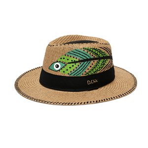 Savanna μπεζ χειροποίητο καπέλο Παναμά με σχέδιο boho φτερό - ζωγραφισμένα στο χέρι, chic, ψάθινα