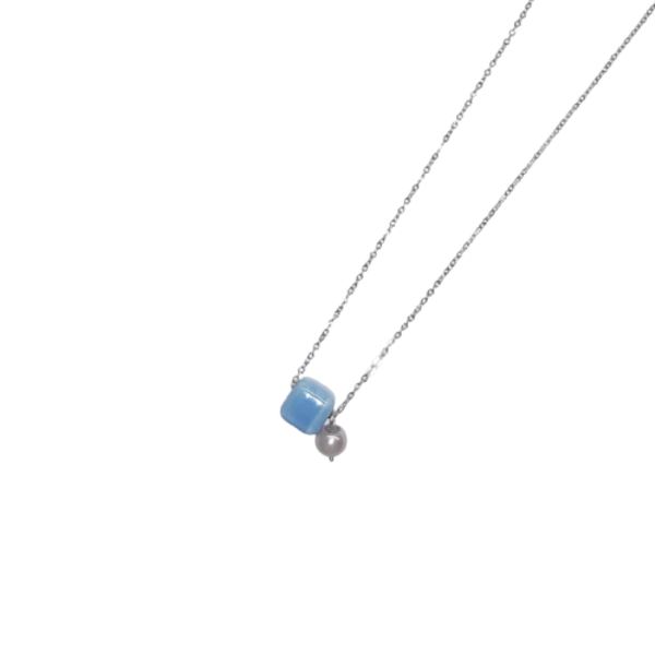 Κοντό κολιέ με αλυσίδα και κεραμικό κύβο - ημιπολύτιμες πέτρες, charms, κοντά, μπλε χάντρα
