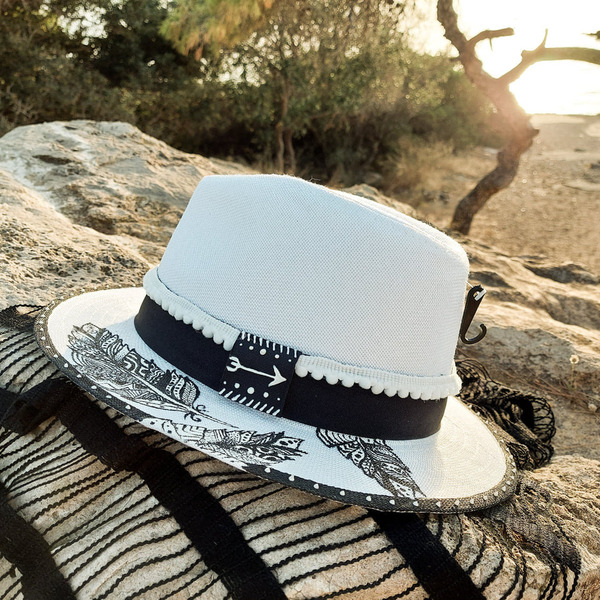 Custom / Handpainted καπέλο Boho-Chic / Feathers - boho, αξεσουάρ παραλίας, δώρα για γυναίκες, ψάθινα - 2