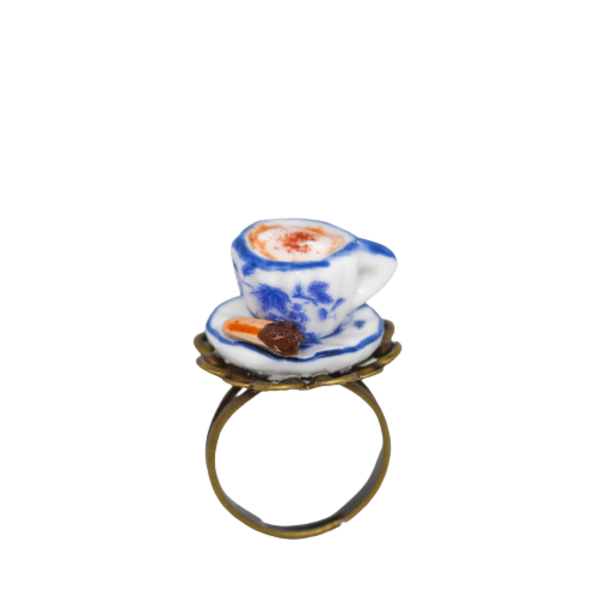 ''Cappuccino ring'' χειροποίητο δαχτυλίδι με φλυτζανακι καπουτσίνο και πτι-φουρ! - πηλός, αυξομειούμενα, φθηνά
