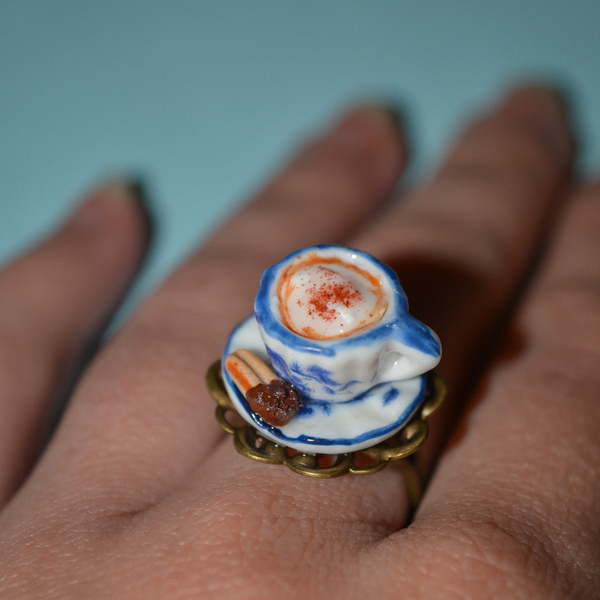''Cappuccino ring'' χειροποίητο δαχτυλίδι με φλυτζανακι καπουτσίνο και πτι-φουρ! - πηλός, αυξομειούμενα, φθηνά - 3