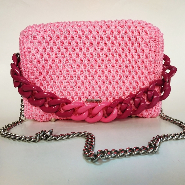 Χειροποίητη πλεκτή τσάντα σε ροζ με κοκκαλινη αλυσίδα - νήμα, ώμου, μεγάλες, all day, πλεκτές τσάντες - 5