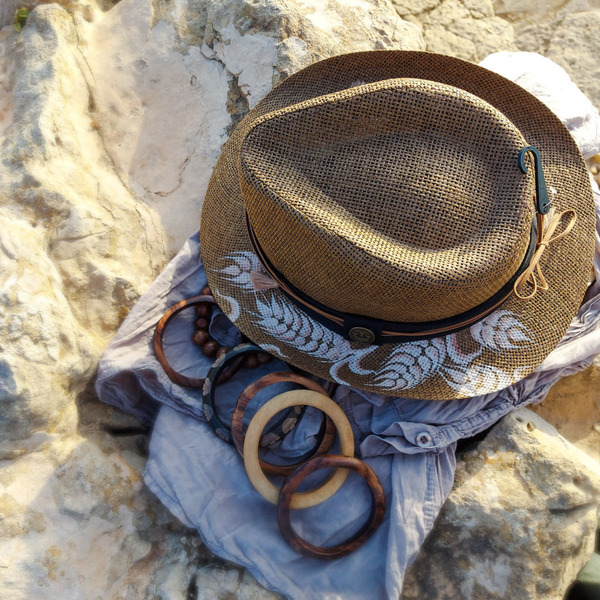 Custom / Handpainted καπέλο Boho "Wheat" - γυναικεία, boho, αξεσουάρ παραλίας, δώρα για γυναίκες, ψάθινα - 2